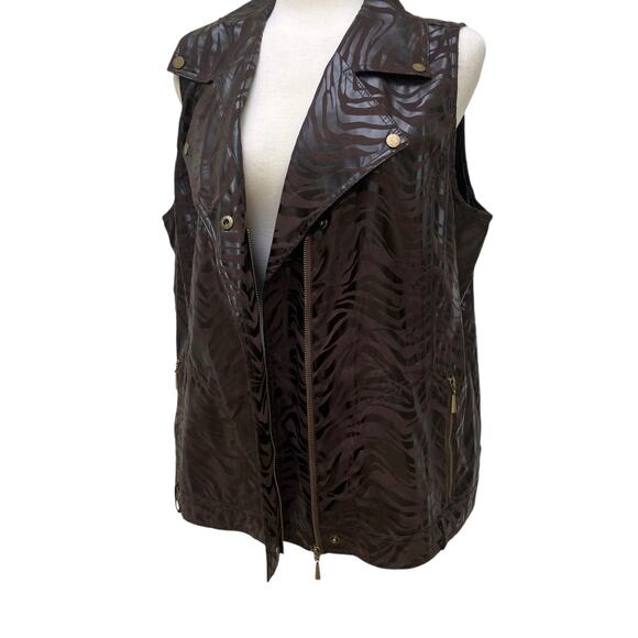 Zenergy by Chicos Vest Sz 3 Brown Faux Leather MotoBoho Zebra Bikercore Animal - Picture 7 of 12